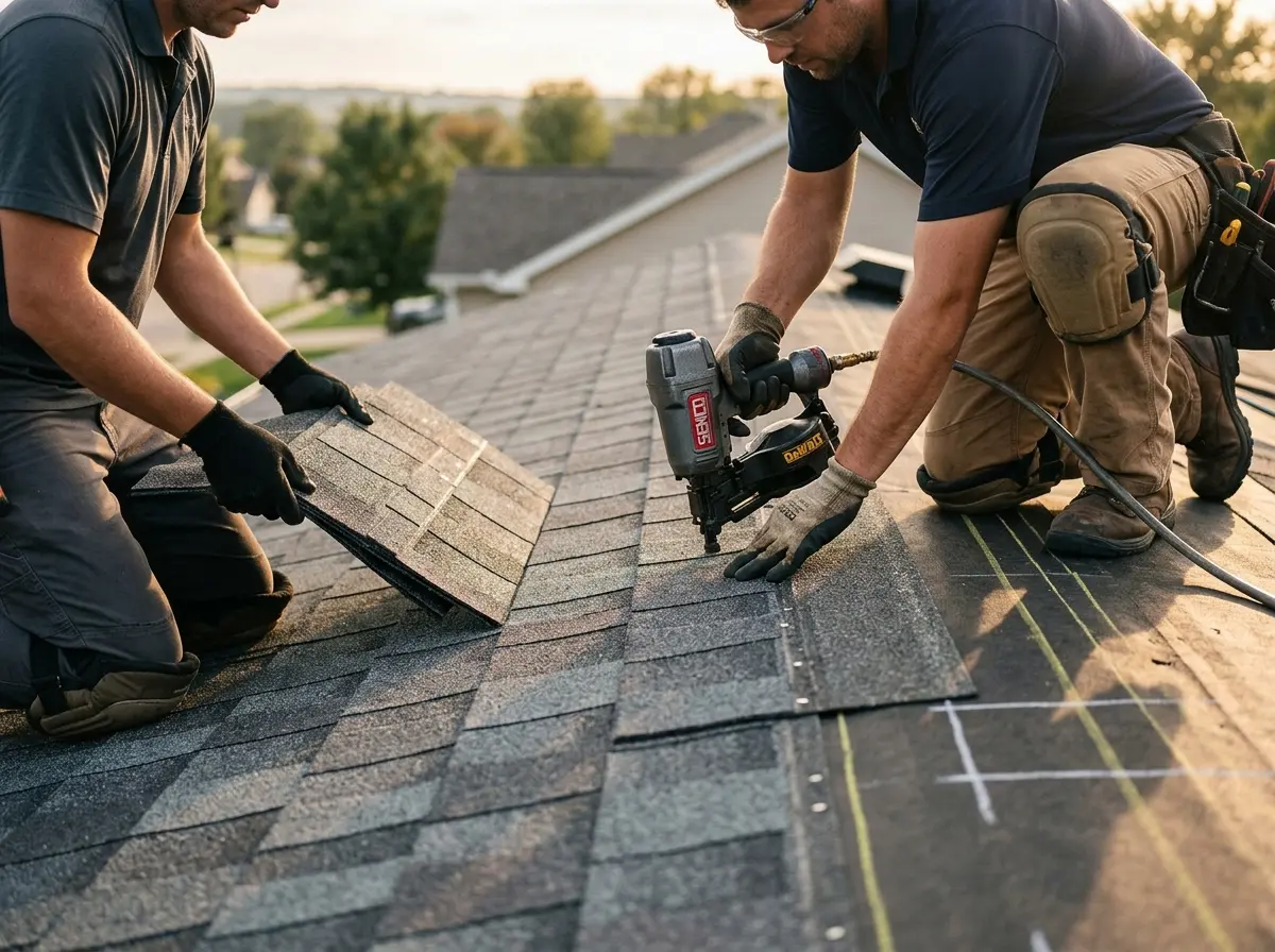 Professional roofer working on a residential roof in Golden